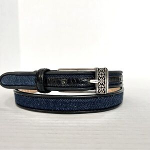Black Leather Trim Blue Denim Belt Heart Buckle Western Country Cottagecore 32”